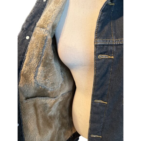 JYG Dark Denim Lined Jean Jacket Mid Length Faux Fur Fully Lined Vintage Size XL - Picture 2 of 6